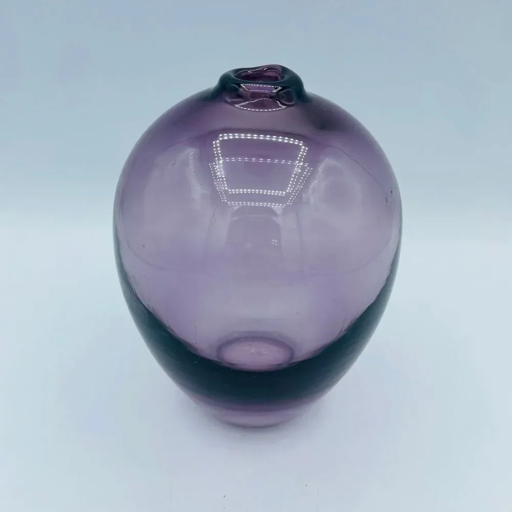 Vintage Purple Amethyst Blown Art Glass Vase Small Hole Opening 5.5” Tall